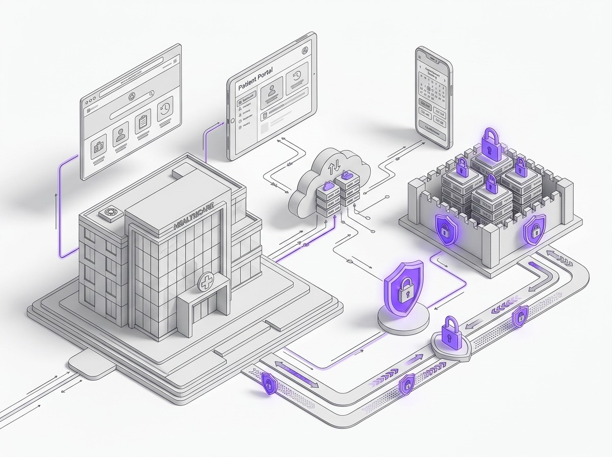 Healthcare cybersecurity architecture diagram with patient portal and secure servers